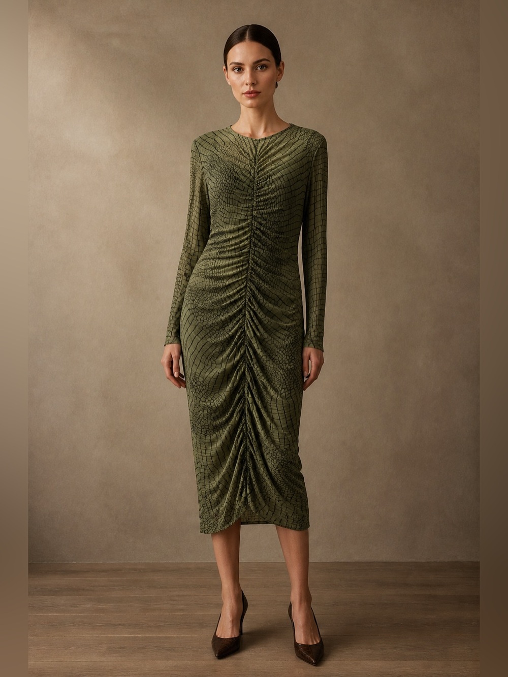 Guess NWT Olive Green/ black Ruched Long-Sleeve Midi Dress with underneath Slip.